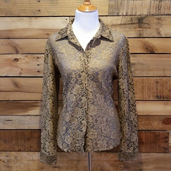 New York & Company Tops - New York & Company gold lace button down